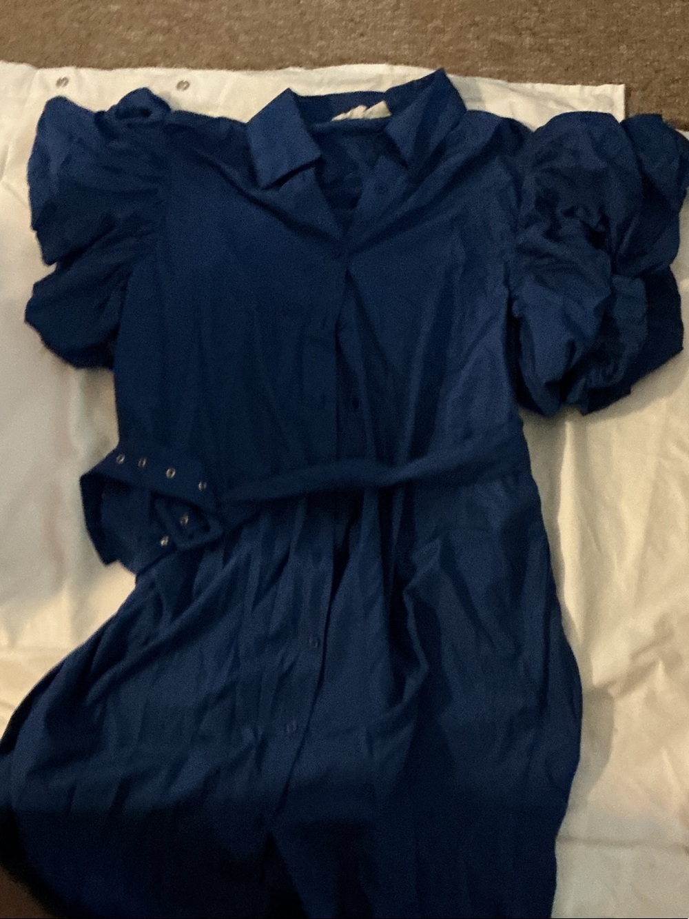 Women's Navy Blue Midi Dress with Puff Sleeves and Belt